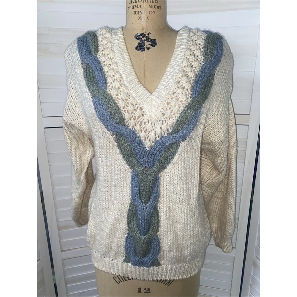 Classic Expressions Hand Knit Pullover Sweater Womens Cream Blue V Neck 18W